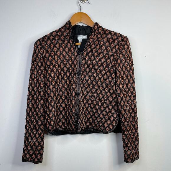 Vintage Adrianna Papell Evening Silk Beaded Embroidered Jacket Black Copper S - Picture 1 of 14